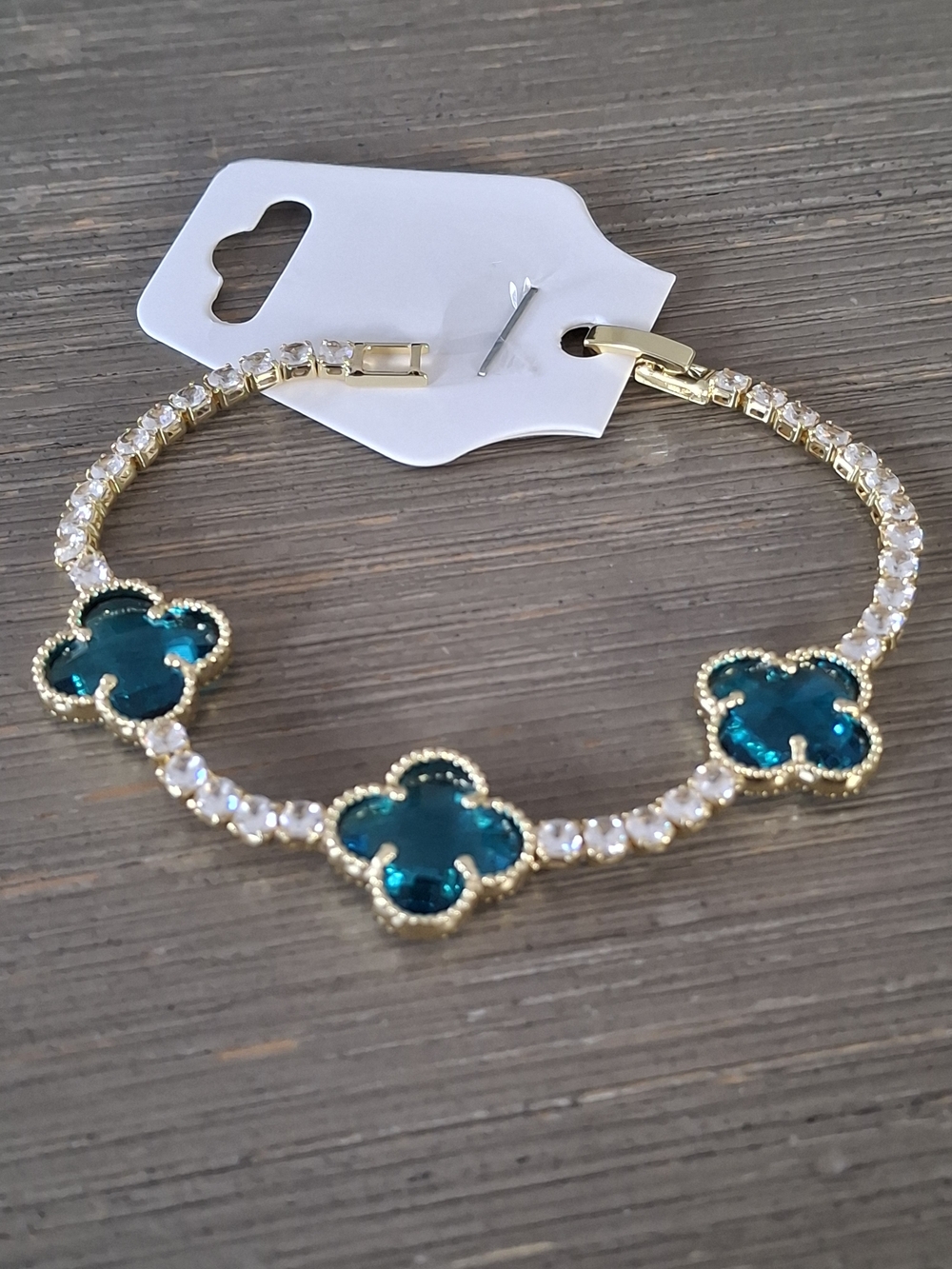 Gold Plated Bracelet with Teal Clover Stones and Clear Crystals